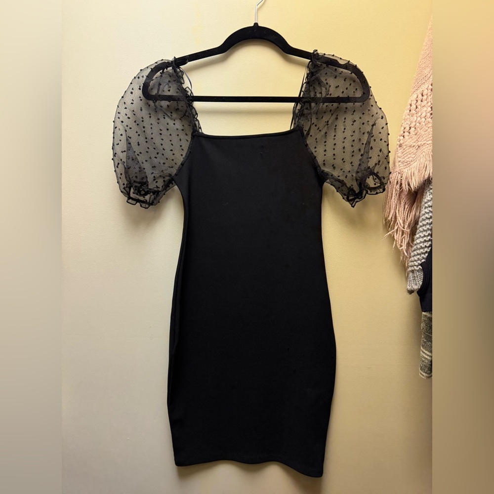 Amisu Black Mini Dress with Sheer Polka Dot Sleeves